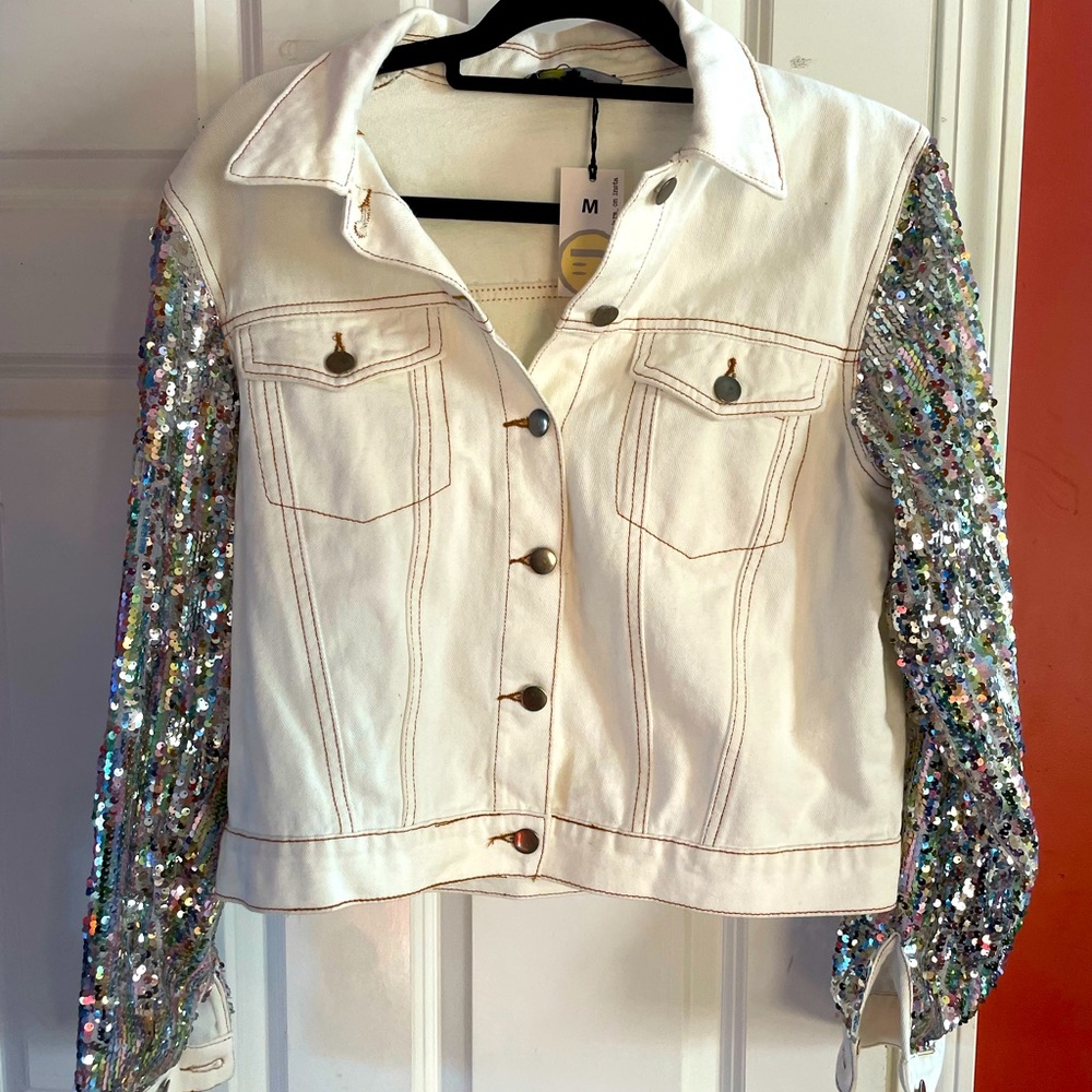 Adorable jacket with sequin arms and peace sign